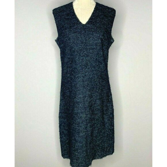 Vintage 60s Boucle Shift Dress M Blue Sleeveless